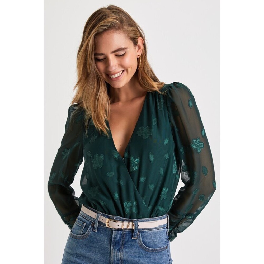 Lulus Charming Purpose Emerald Green Floral Jacquard Surplice Bodysuit - Size XL